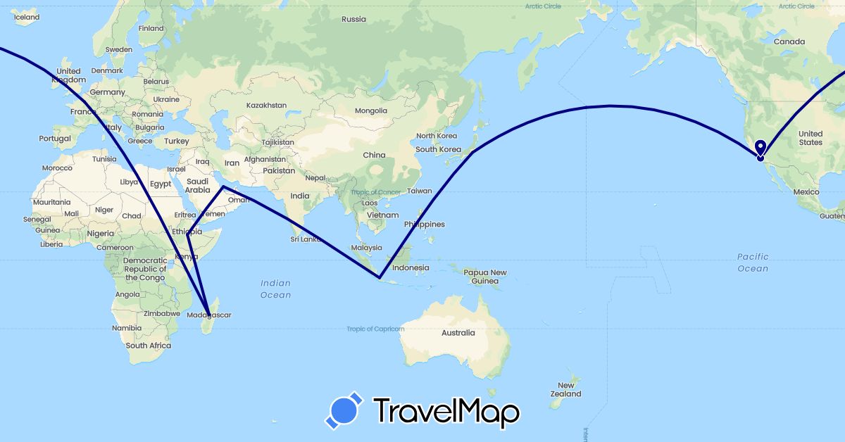 TravelMap itinerary: driving in Ethiopia, France, Indonesia, Japan, Madagascar, Qatar, United States (Africa, Asia, Europe, North America)